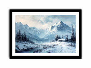 Snowy mountain cabin canvas art for serene rustic modern living room decor.