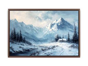Snowy mountain cabin canvas art for serene rustic modern living room decor.