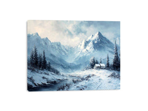 Snowy mountain cabin canvas art for serene rustic modern living room decor.