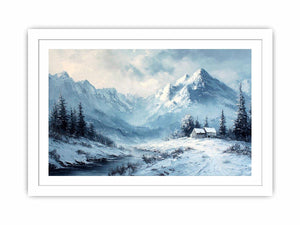 Snowy mountain cabin canvas art for serene rustic modern living room decor.