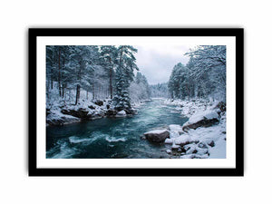 Snowy forest river photography print for calm modern office wall decor.