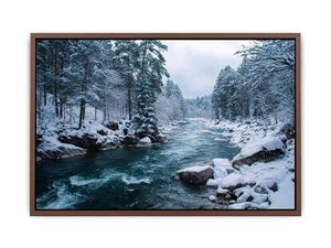 Snowy forest river photography print for calm modern office wall decor.
