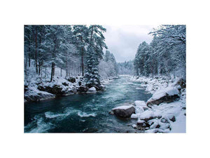 Snowy forest river photography print for calm modern office wall decor.