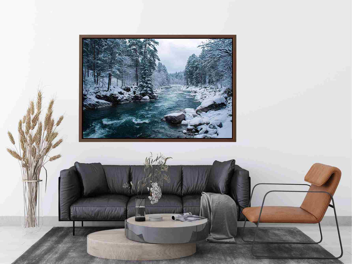 Snowy forest river photography print for calm modern office wall decor.