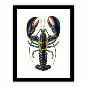 Blue and gold lobster illustration print for coastal kitchen and dining room decor.