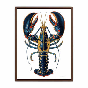 Blue and gold lobster illustration print for coastal kitchen and dining room decor.