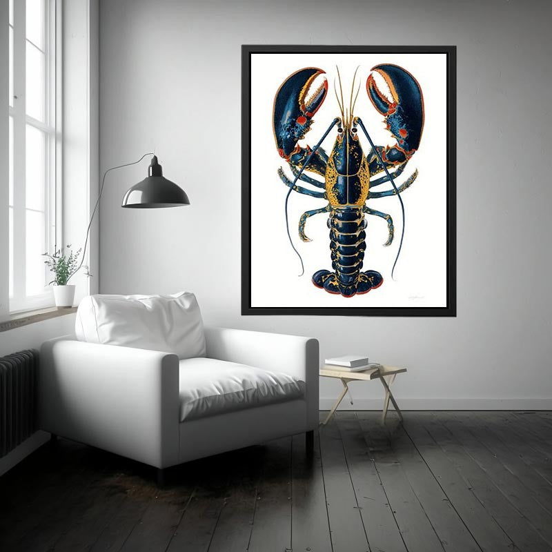 Blue and gold lobster illustration print for coastal kitchen and dining room decor.