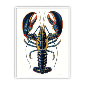 Blue and gold lobster illustration print for coastal kitchen and dining room decor.