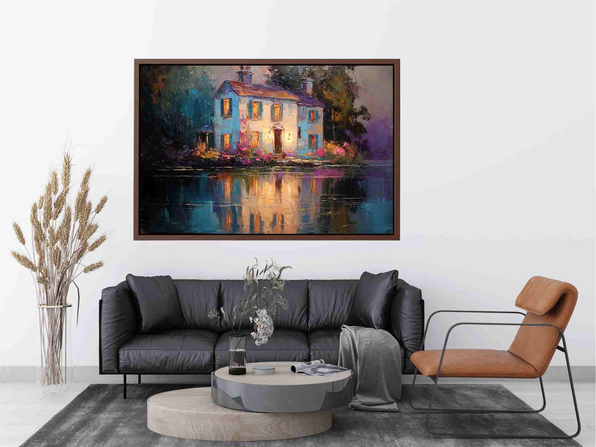 Lakeside cottage canvas art with glowing windows for cozy living room decor.