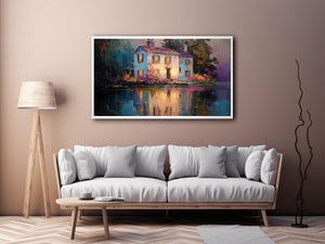 Lakeside cottage canvas art with glowing windows for cozy living room decor.