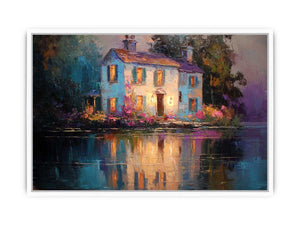 Lakeside cottage canvas art with glowing windows for cozy living room decor.