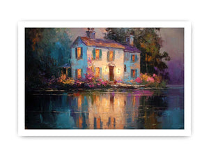 Lakeside cottage canvas art with glowing windows for cozy living room decor.