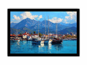 Coastal marina canvas art with sailboats and blue mountains for living room decor.