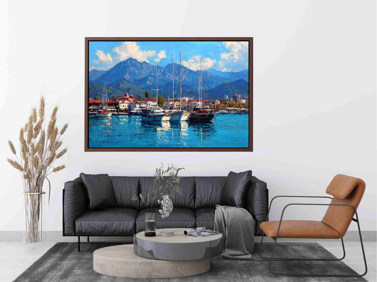 Coastal marina canvas art with sailboats and blue mountains for living room decor.