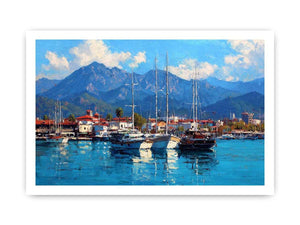 Coastal marina canvas art with sailboats and blue mountains for living room decor.
