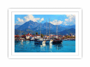 Coastal marina canvas art with sailboats and blue mountains for living room decor.