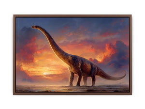 Dinosaur sunset canvas art with dramatic sky for kids room or office decor.