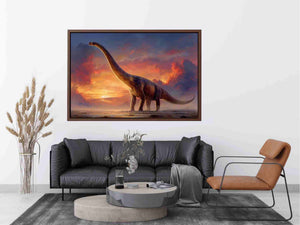 Dinosaur sunset canvas art with dramatic sky for kids room or office decor.