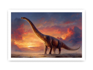 Dinosaur sunset canvas art with dramatic sky for kids room or office decor.