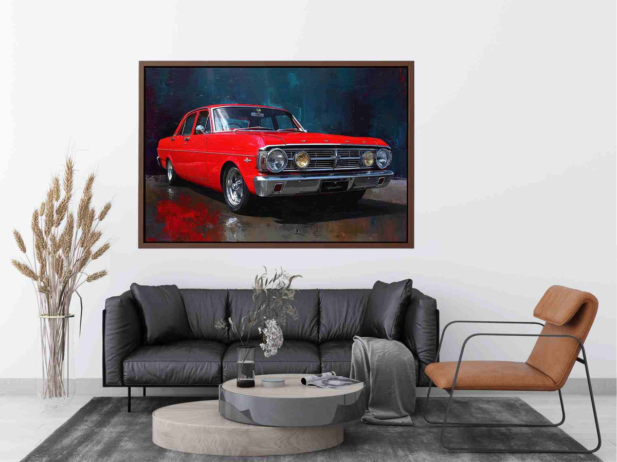 Red classic car canvas art for modern office, mancave, or living room decor.