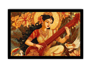 Indian goddess veena canvas art with ornate florals for elegant living room decor.