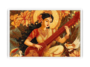 Indian goddess veena canvas art with ornate florals for elegant living room decor.