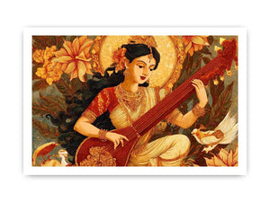 Indian goddess veena canvas art with ornate florals for elegant living room decor.