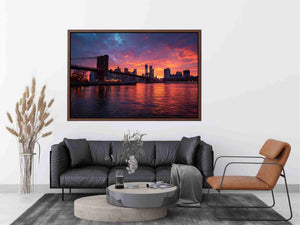 Brooklyn Bridge sunset canvas art with skyline reflections for modern living room.
