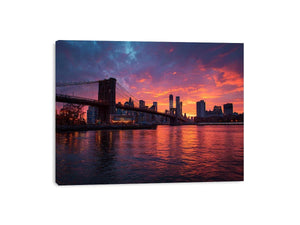 Brooklyn Bridge sunset canvas art with skyline reflections for modern living room.