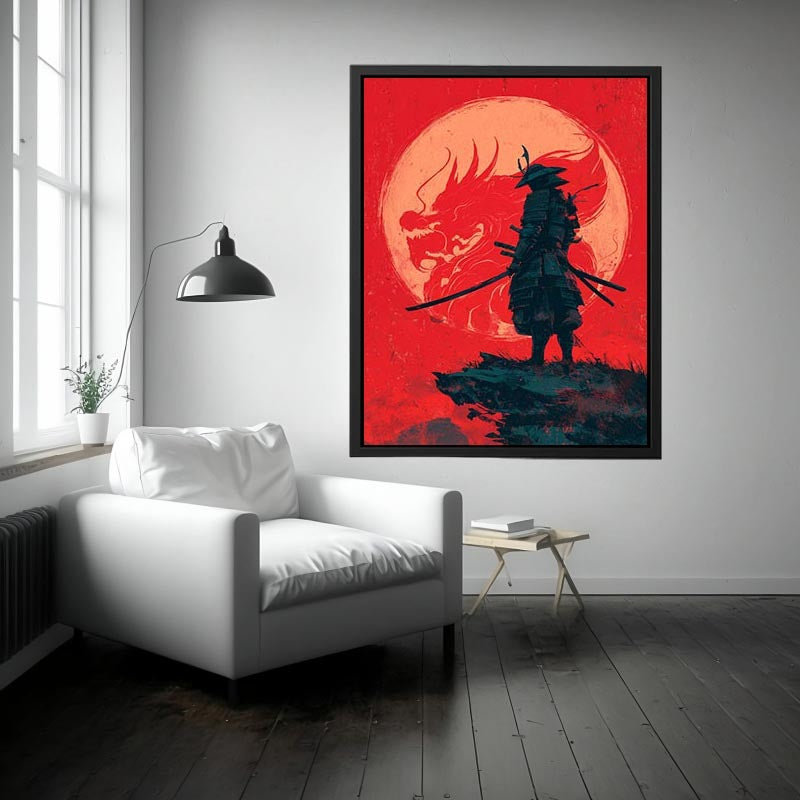Samurai dragon canvas art in red and black for bold bedroom or office decor.
