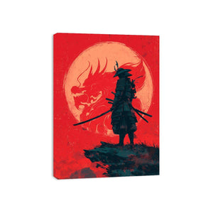 Samurai dragon canvas art in red and black for bold bedroom or office decor.