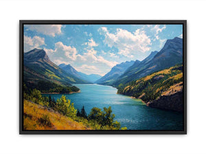 Mountain lake canvas art with blue water and green valley for living room decor.