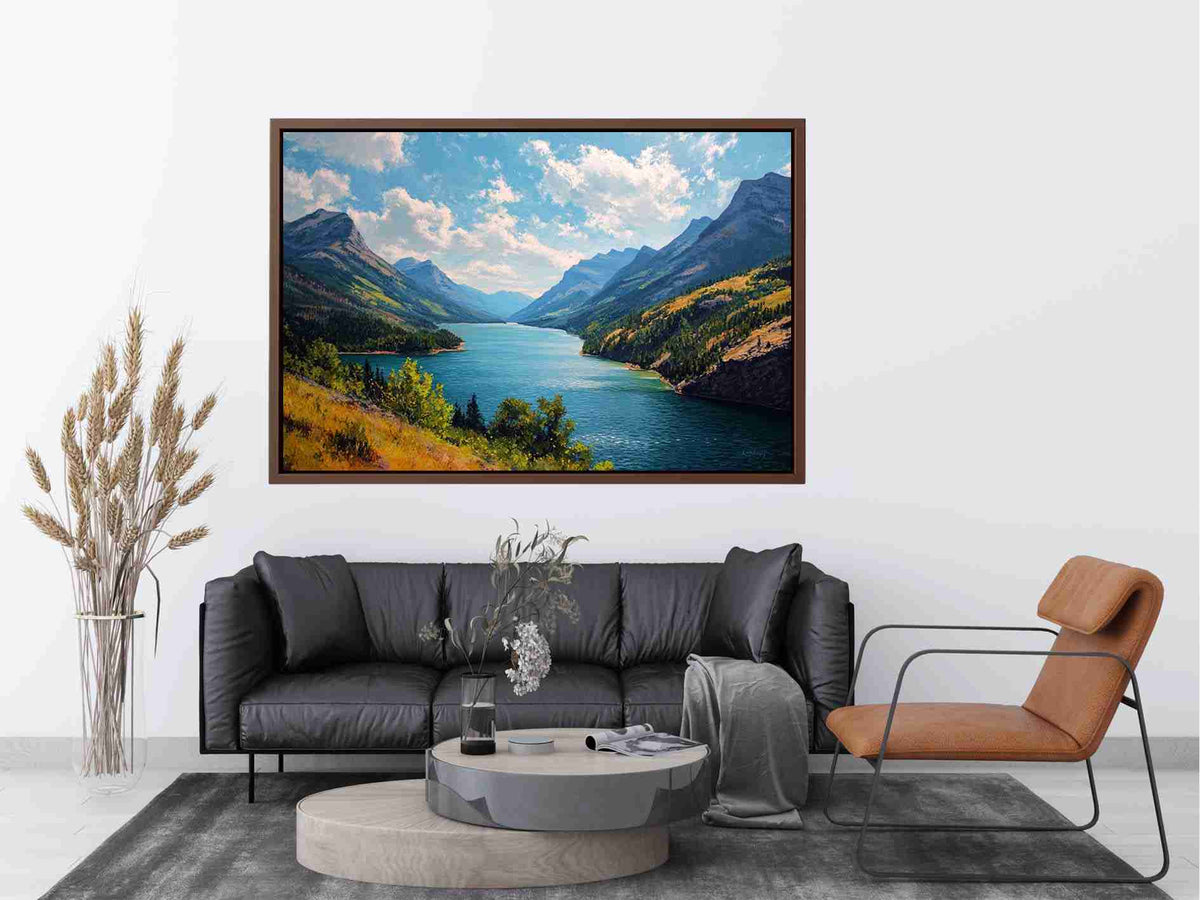 Mountain lake canvas art with blue water and green valley for living room decor.