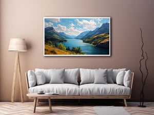 Mountain lake canvas art with blue water and green valley for living room decor.