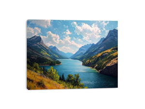 Mountain lake canvas art with blue water and green valley for living room decor.