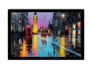 Rainy London canvas art with Big Ben and red phone booth for office decor.