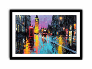 Rainy London canvas art with Big Ben and red phone booth for office decor.
