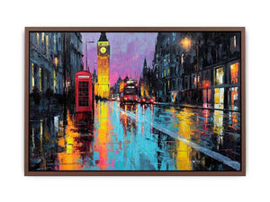 Rainy London canvas art with Big Ben and red phone booth for office decor.