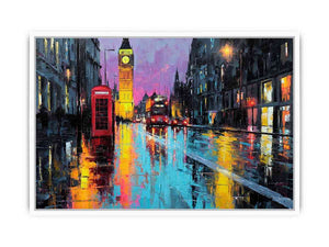 Rainy London canvas art with Big Ben and red phone booth for office decor.