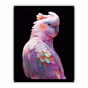 Pink cockatoo canvas art with colorful feathers for modern living room decor.