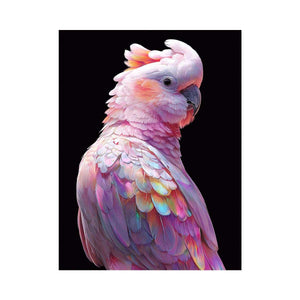 Pink cockatoo canvas art with colorful feathers for modern living room decor.