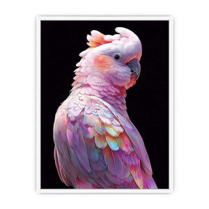 Pink cockatoo canvas art with colorful feathers for modern living room decor.