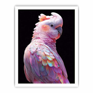 Pink cockatoo canvas art with colorful feathers for modern living room decor.