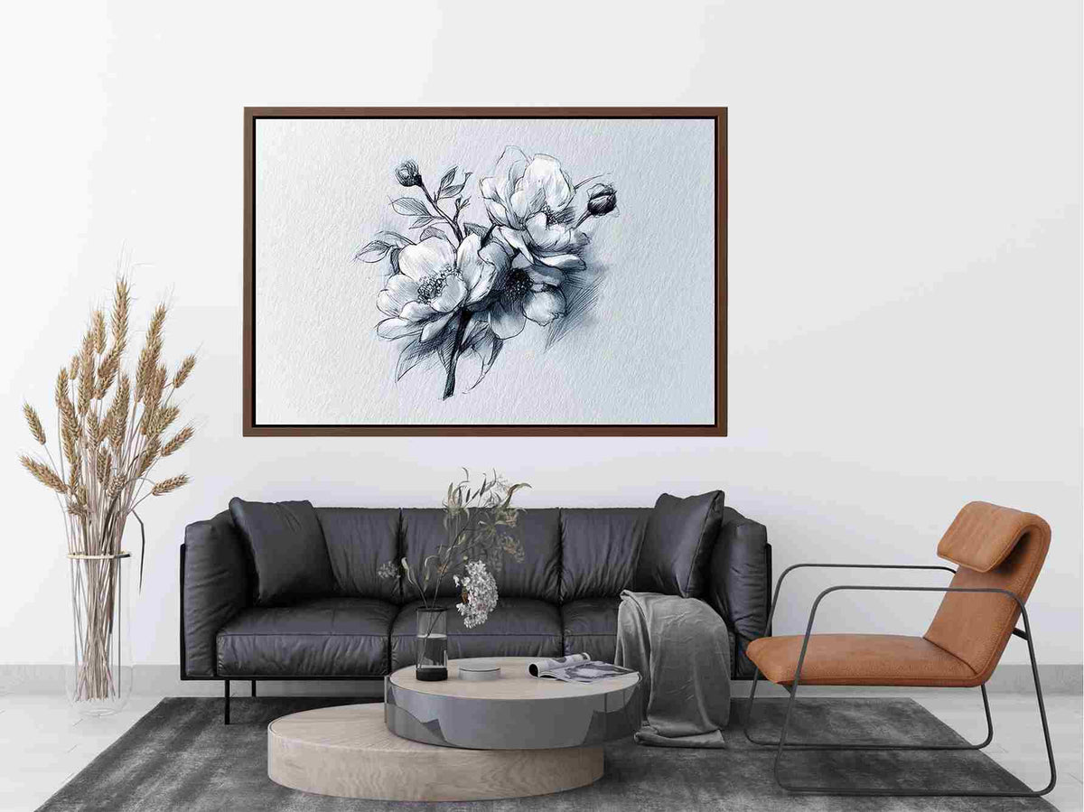 Elegant floral line art sketch with flowers and buds for calm bedroom decor.