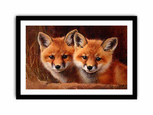 Two warm foxes in rustic wildlife painting style for cozy living room decor.