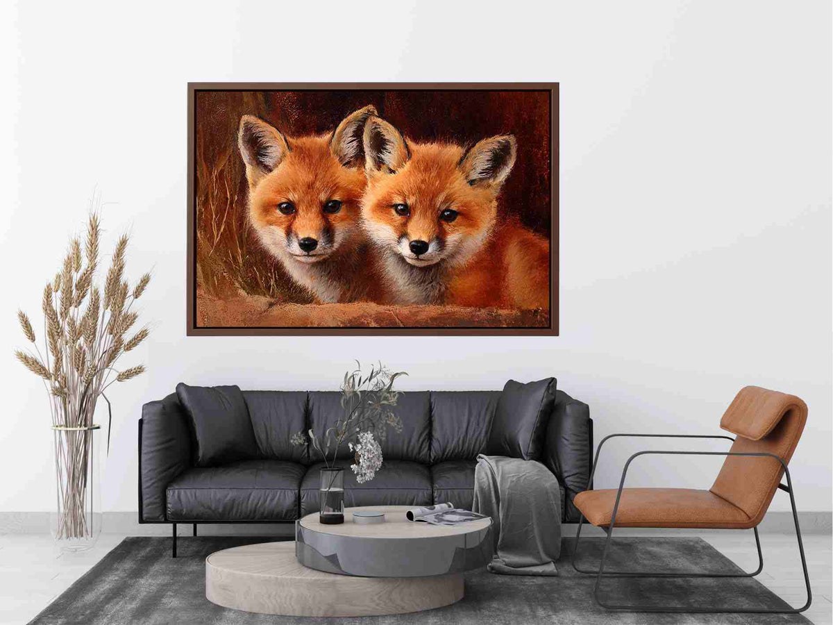 Two warm foxes in rustic wildlife painting style for cozy living room decor.