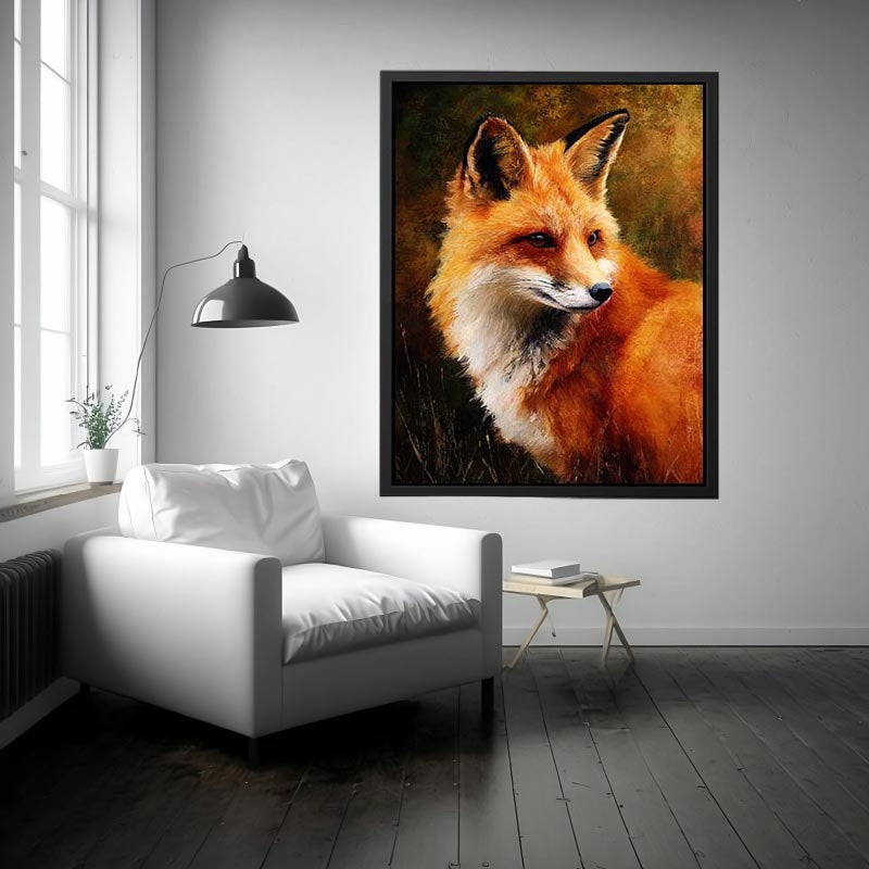 Vertical fox portrait wildlife canvas art for earthy modern hallway decor.