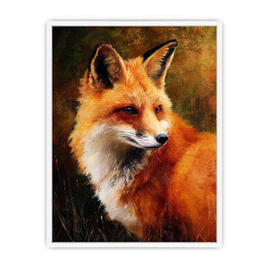 Vertical fox portrait wildlife canvas art for earthy modern hallway decor.