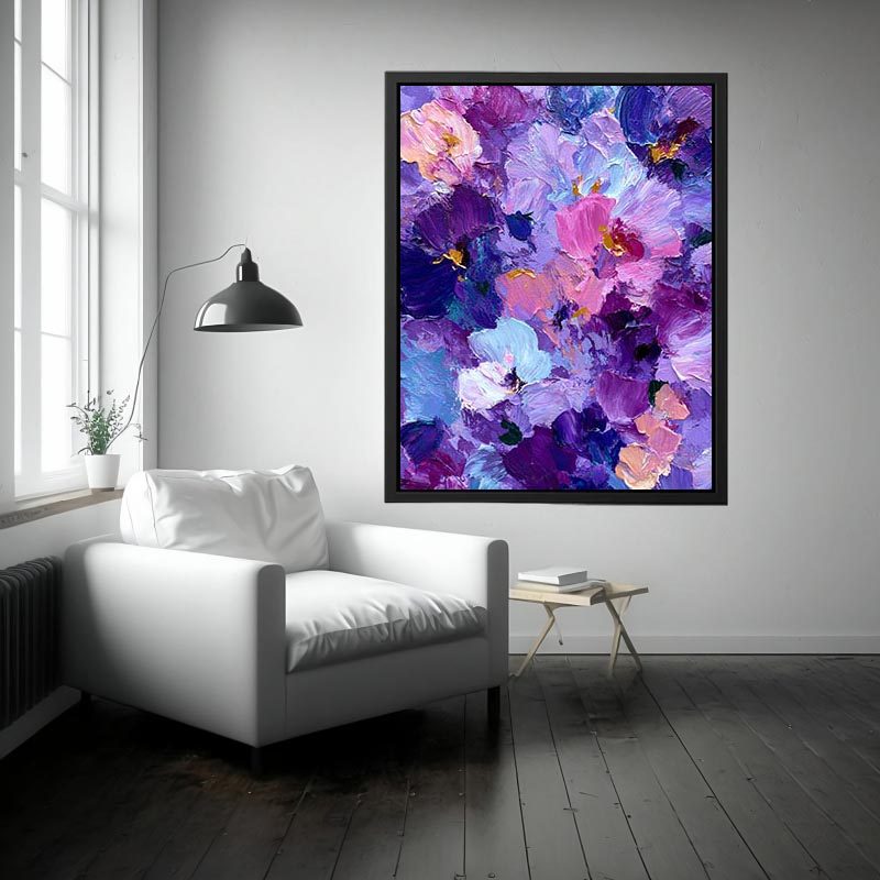 Purple abstract floral impasto canvas art for vibrant modern bedroom decor.