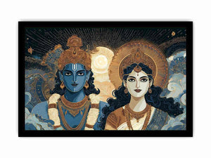 Ornate spiritual deity artwork with blue and gold tones for elegant living room decor.